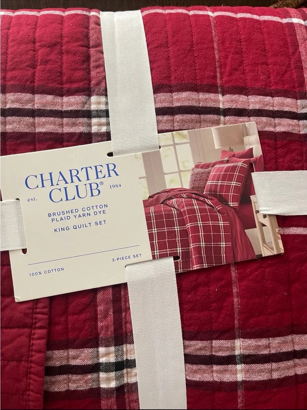 NWT charter club brushed cotton plaid 3-pc quilt set red king MSRP $335